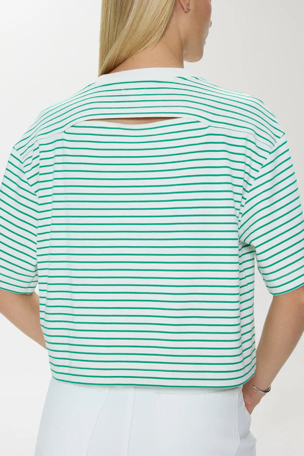 Green and white striped shirt worn by a person on a plain background