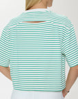 Green and white striped shirt worn by a person on a plain background