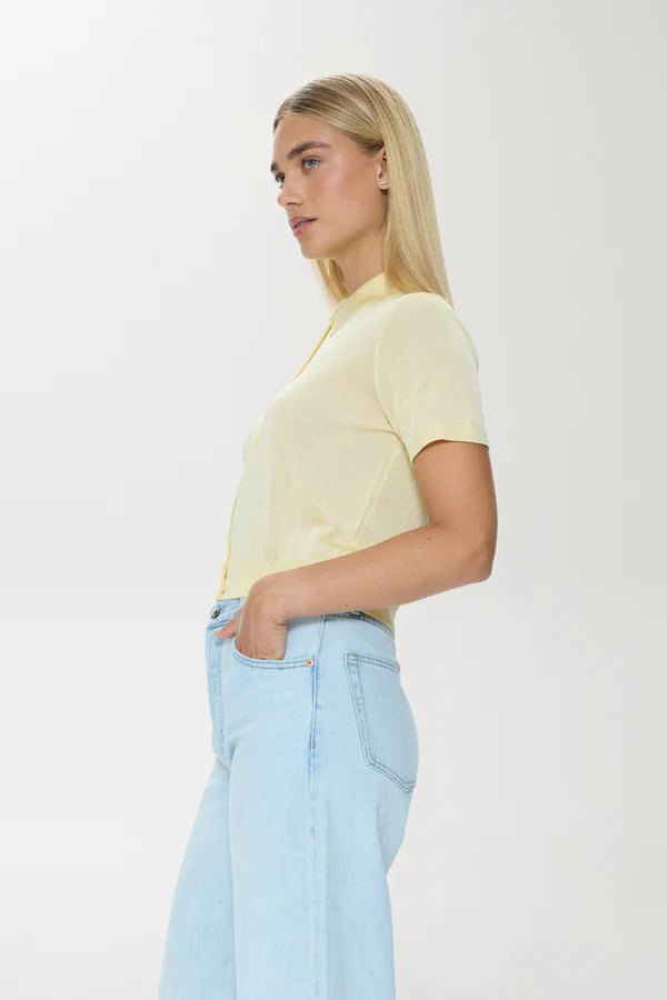 Woman wearing a light yellow polo shirt and light blue jeans on a white background