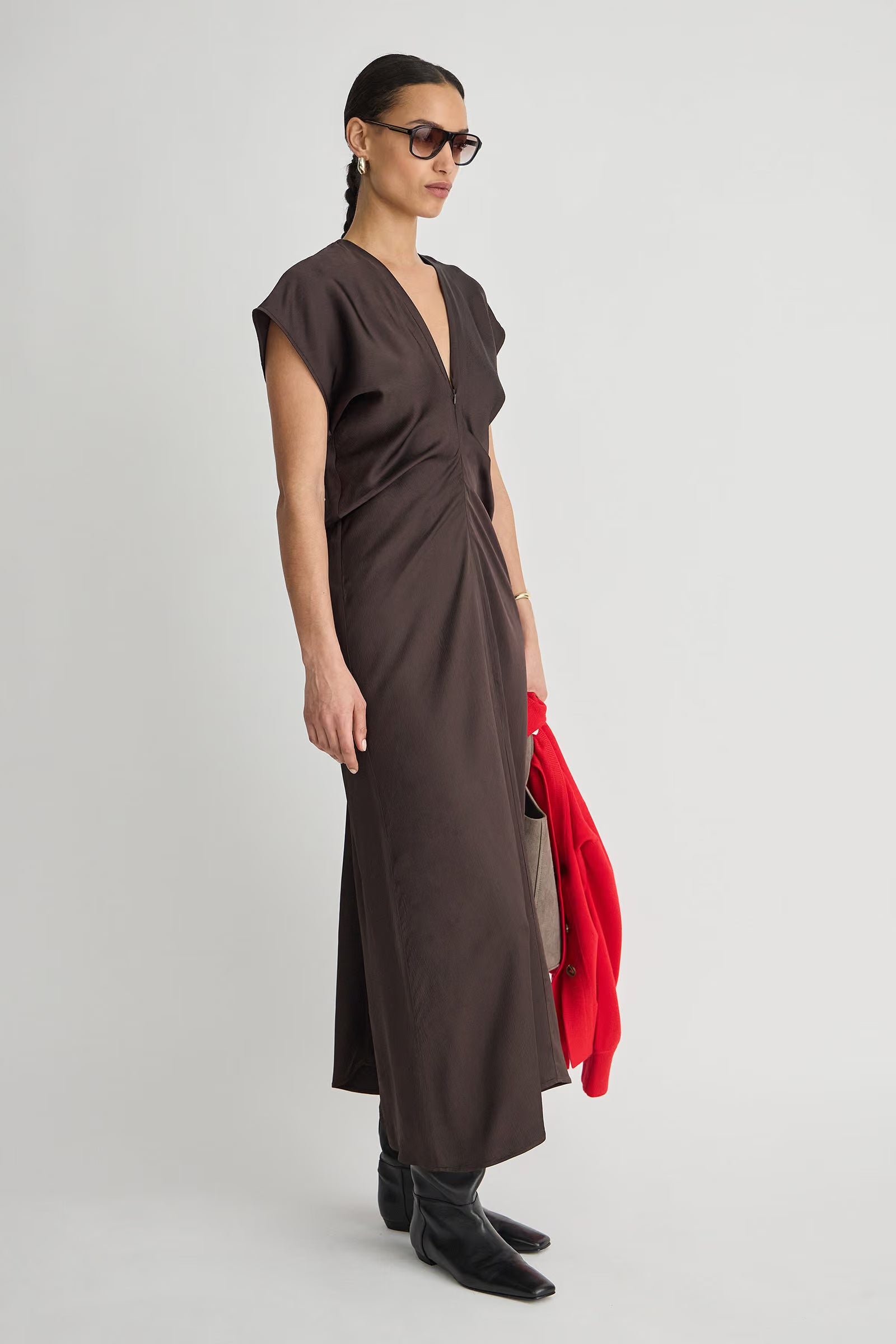 Monde Drape Bias Maxi Dress front and side view on model