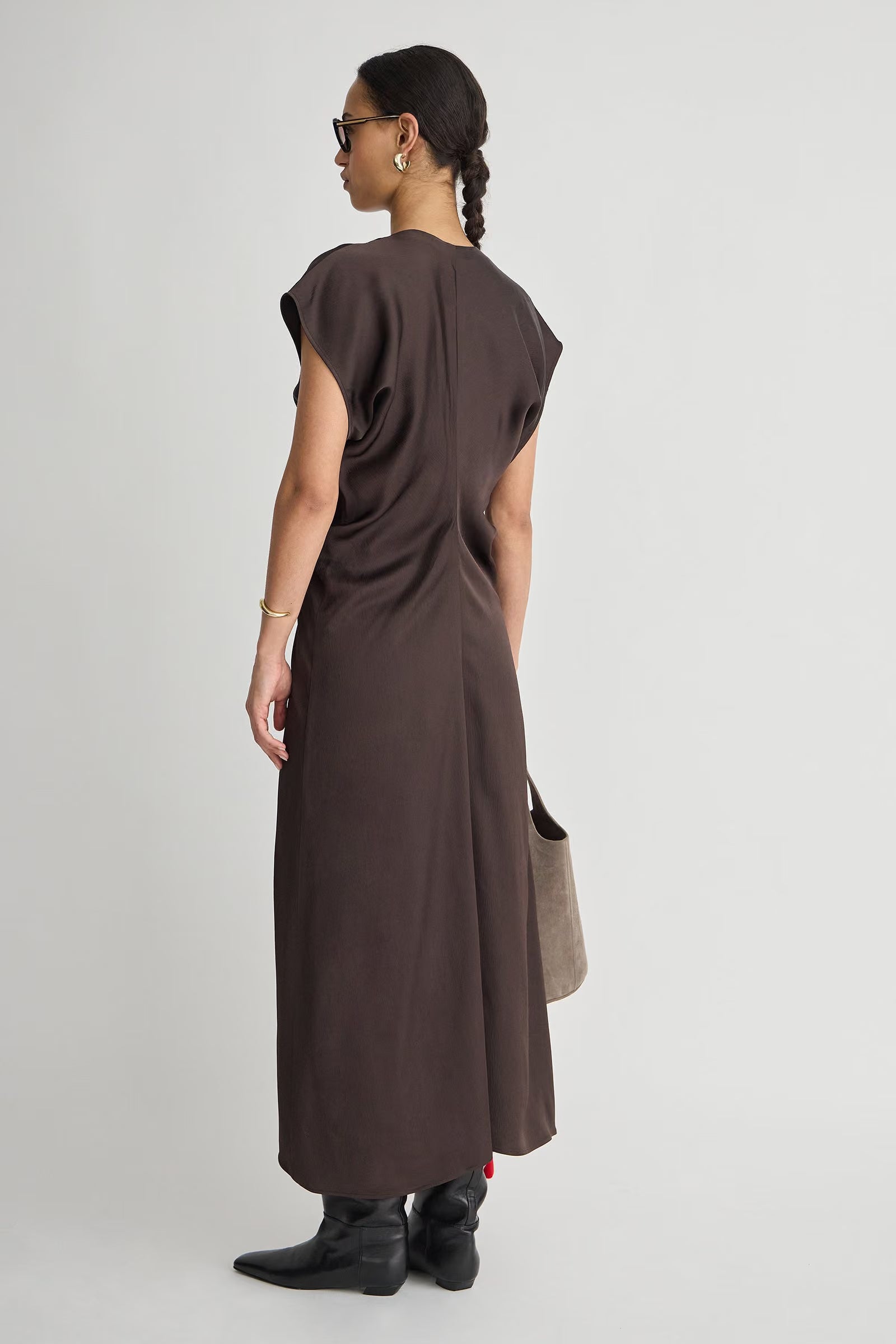 Monde Drape Bias Maxi Dress back and side view on model