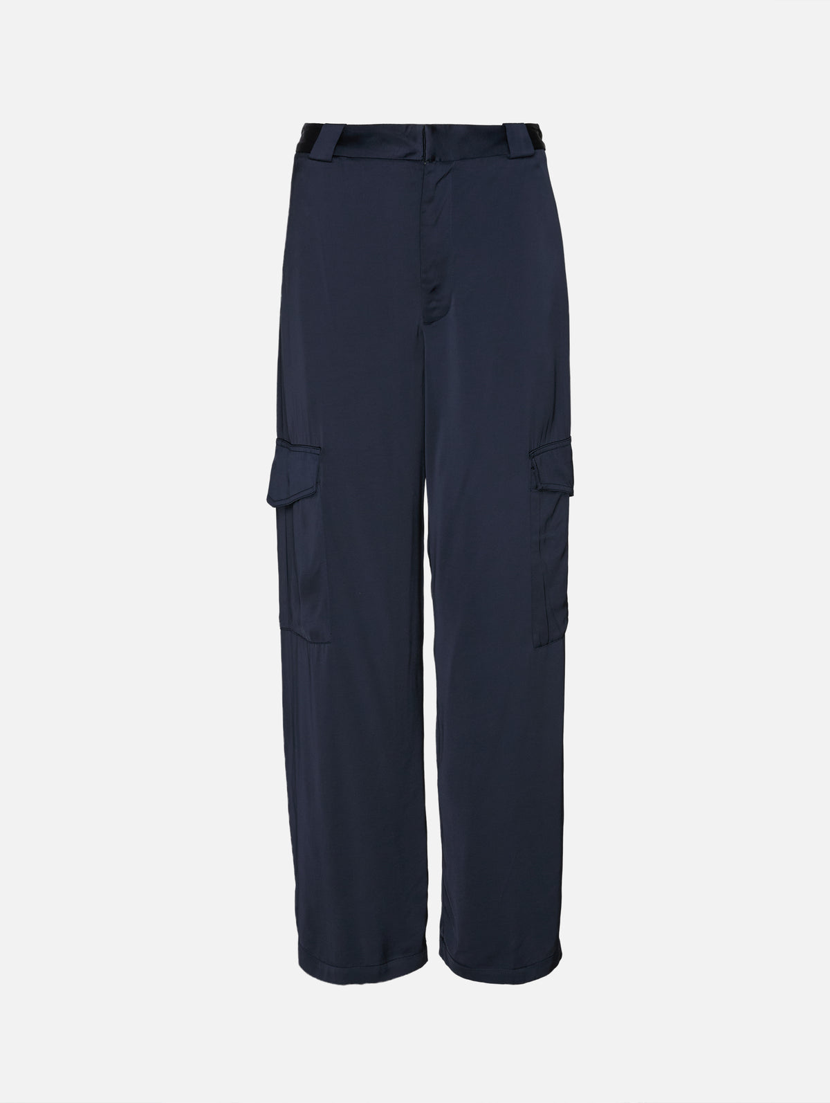 A pair of dark navy blue cargo pants with a wide-leg fit, shown against a plain light gray background.