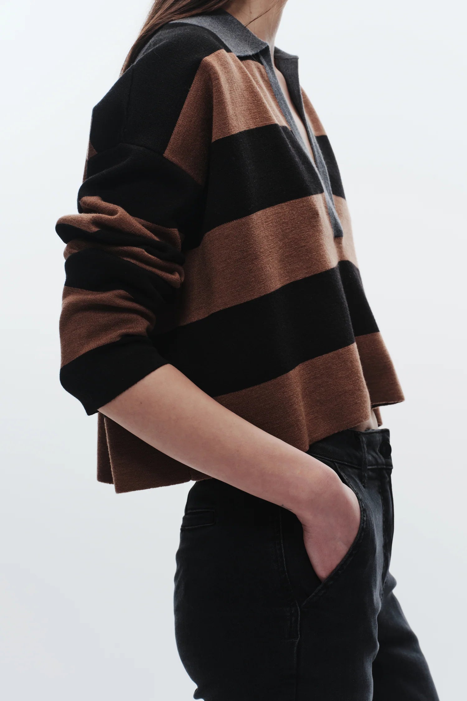 Samira Striped Knit Polo Black/Brown side