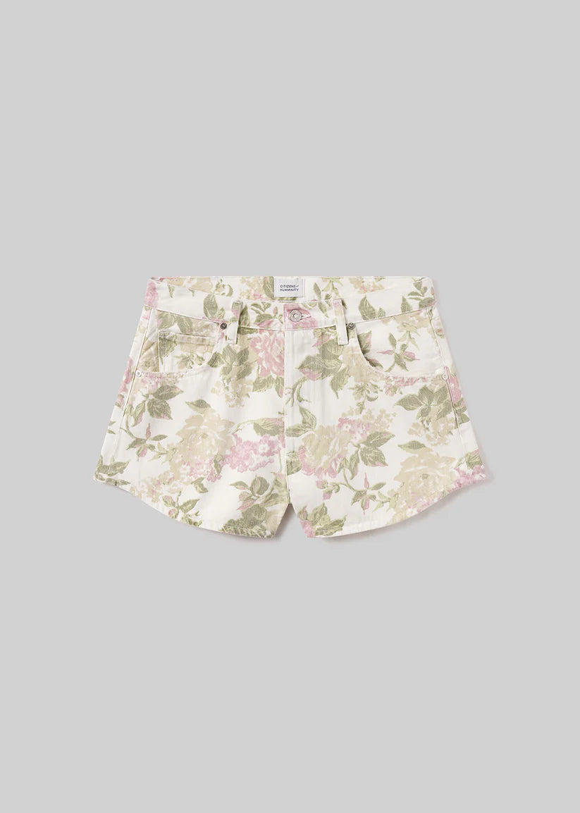 Floral shorts on a gray background