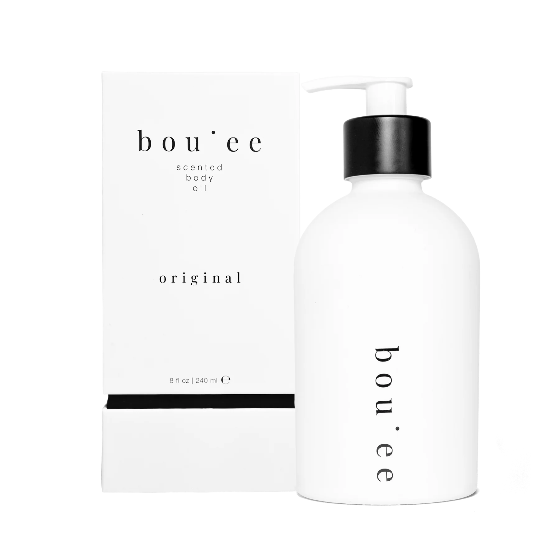 Bouèe scented body oil bottle and packaging on a white background