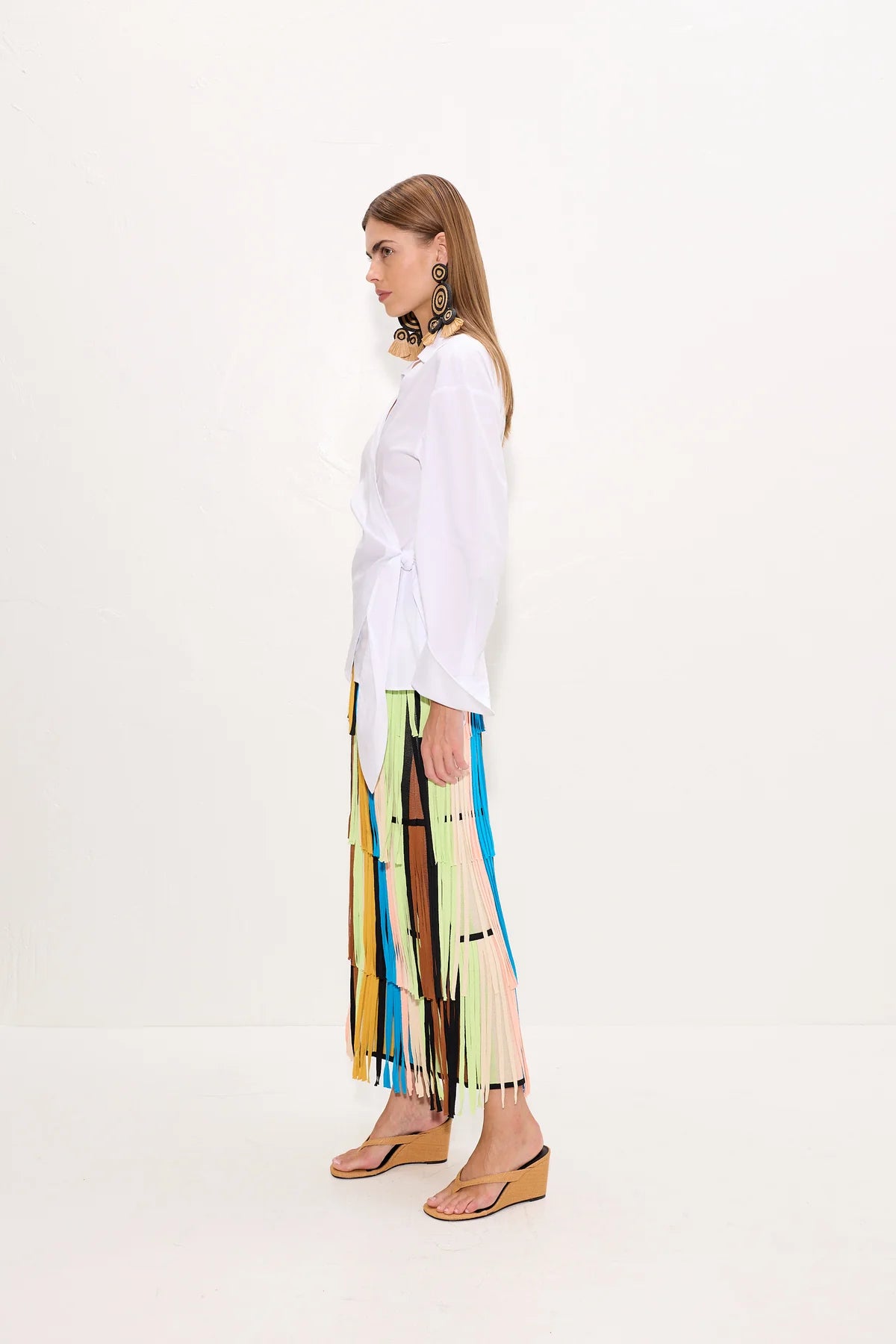 Za Za Knit Fringe Skirt side view on model