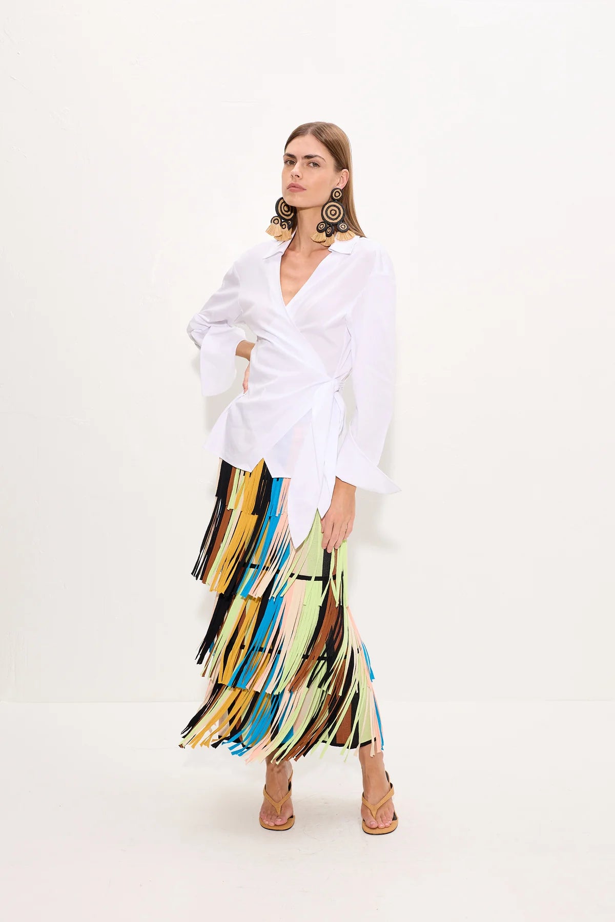 Za Za Knit Fringe Skirt front view on model with fringes on skirt moving