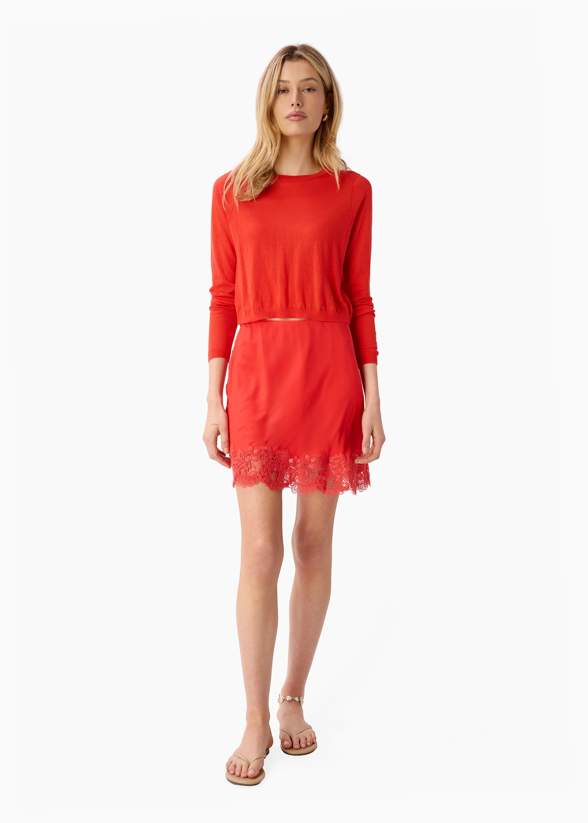 Jaye Cropped Knit Top Goji with matching skirt, full body front