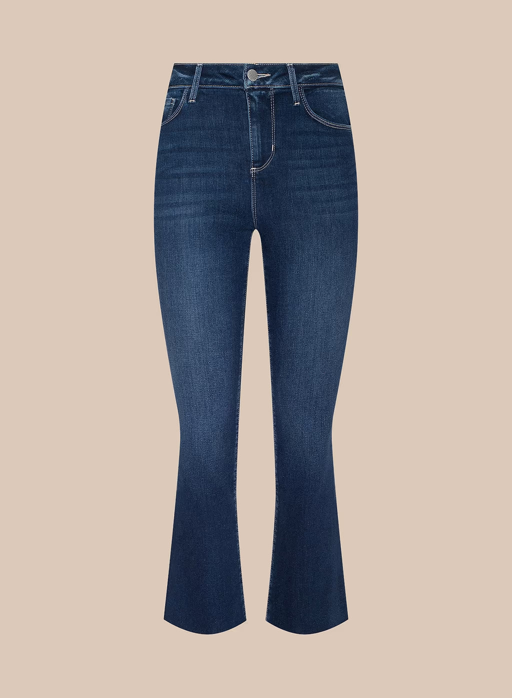 A pair of dark blue denim jeans with a high-rise waist and a flared leg, shown against a solid beige background.