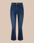 A pair of dark blue denim jeans with a high-rise waist and a flared leg, shown against a solid beige background.