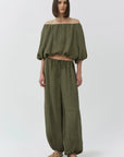 Anni Puff Sleeve Cropped Top, worn off shoulder, and Freya Parachute Pant full body front