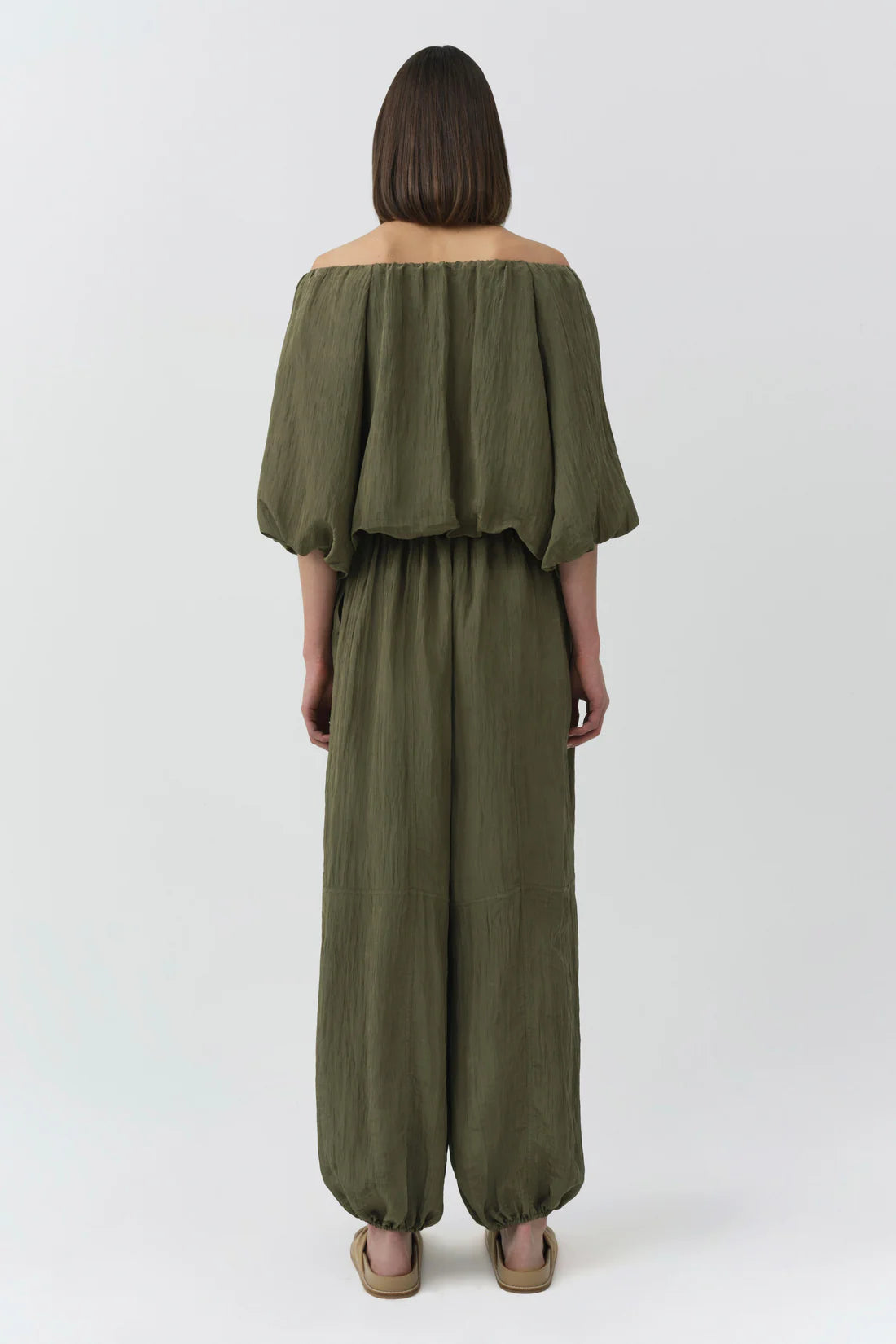 Anni Puff Sleeve Cropped Top, worn off shoulder, and Freya Parachute Pant full body back