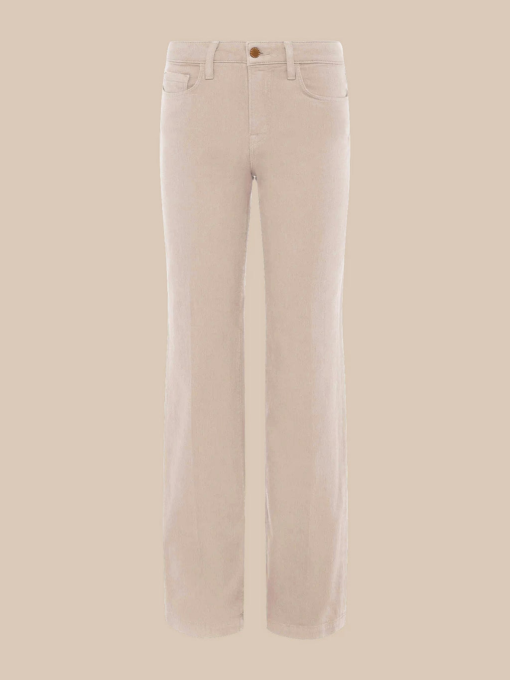 A pair of light beige straight-leg jeans shown flat against a solid beige background.