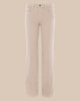 A pair of light beige straight-leg jeans shown flat against a solid beige background.