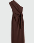 one shoulder brown dress with a white background