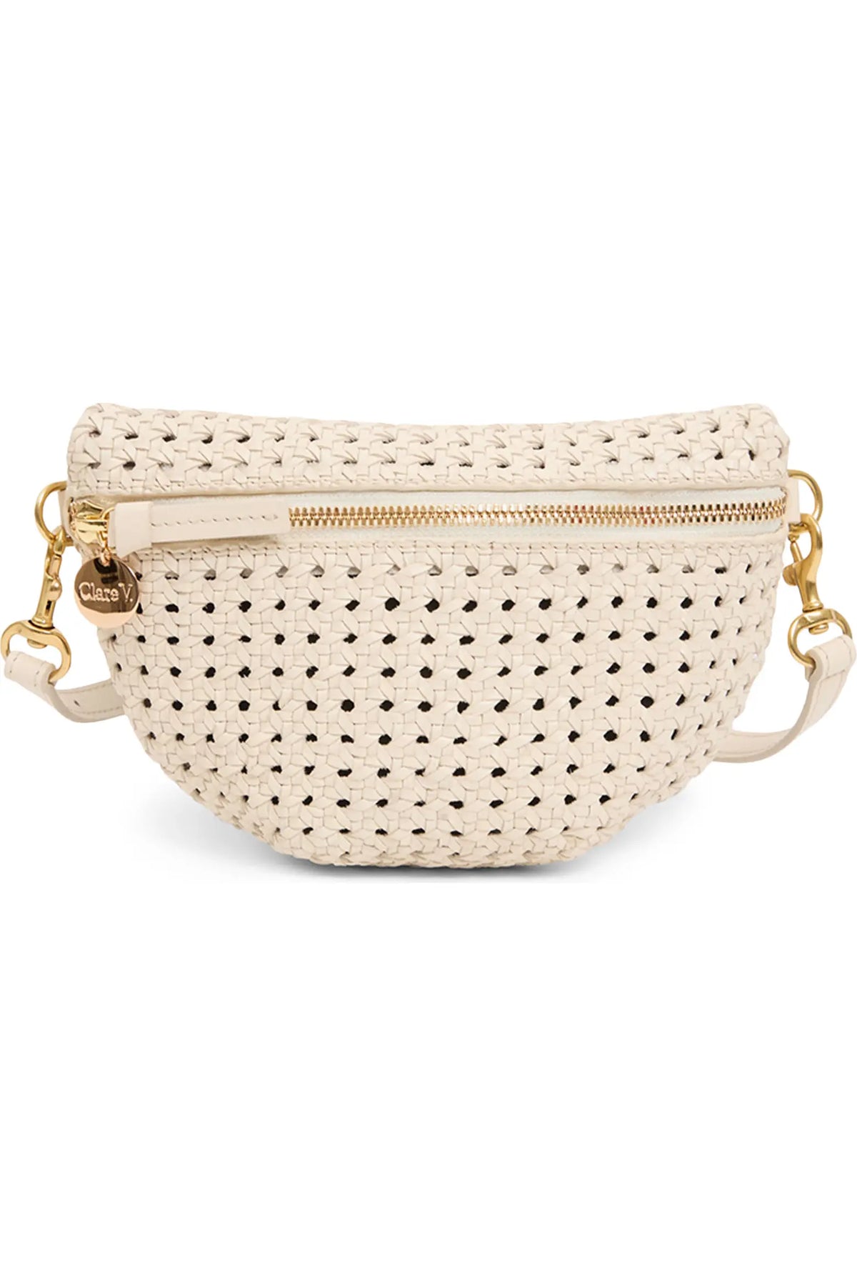 An off-white woven leather half-moon belt bag with gold-tone hardware and a top zipper, shown against a plain white background.