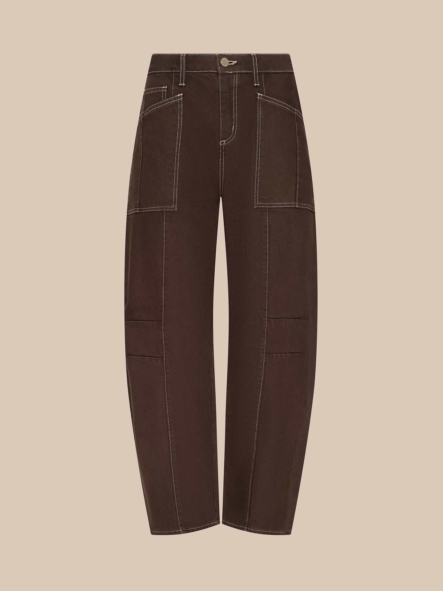 Dark brown cropped jeans with contrast stitching and large front patch pockets, shown flat against a solid beige background.