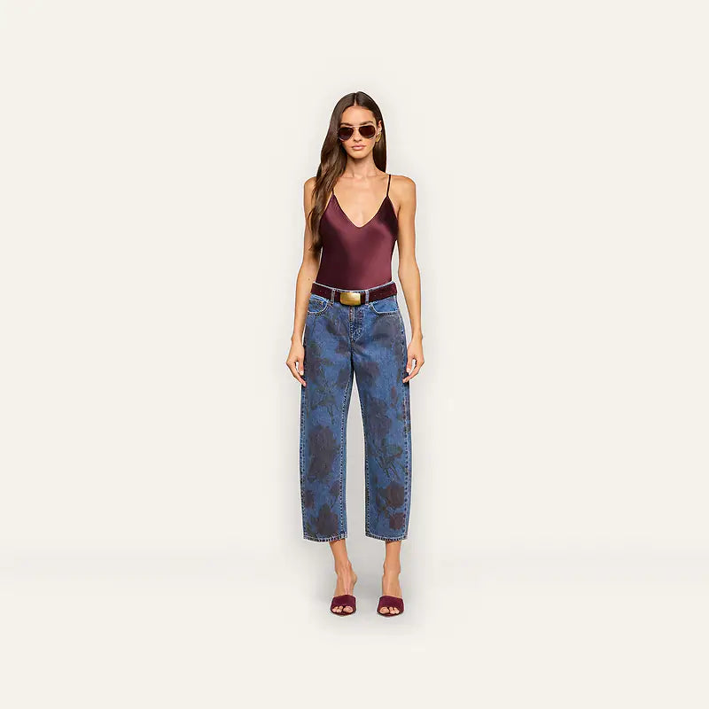 Mallis Jean in Burgundy Romantic Rose full body front view on model
