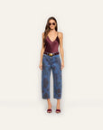 Mallis Jean in Burgundy Romantic Rose full body front view on model