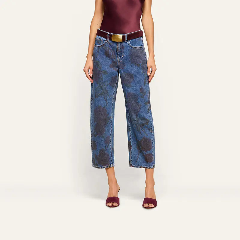 Mallis Jean in Burgundy Romantic Rose bottom half of front view on model