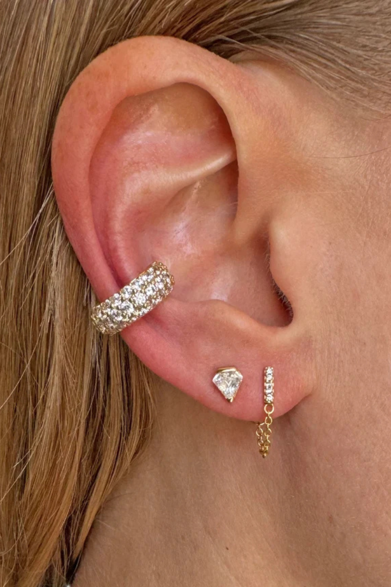 Leona Stud Earrings on ear in second hole