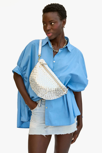 Clare V Grande Fanny Woven Checker Silver on chest