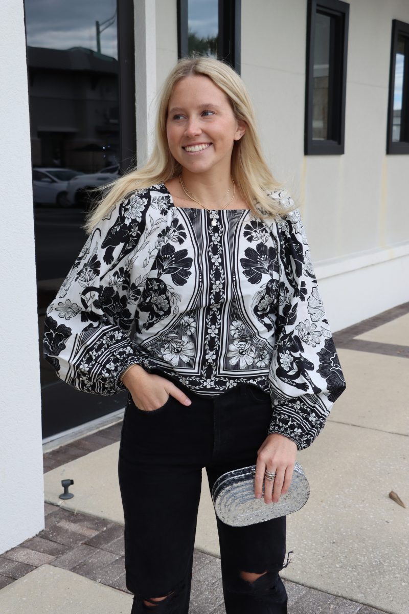 Farm Rio Placed Floral Print Long Sleeve Blouse front