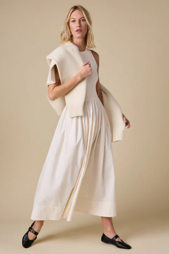Sold Out the Rsvp Dress in Cream front with sweater
