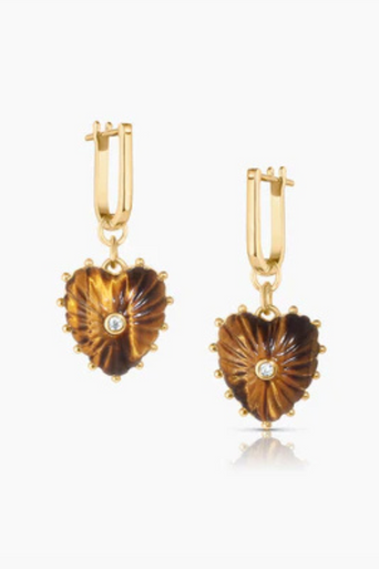 Heart-shaped earrings with gold and brown design on a white background