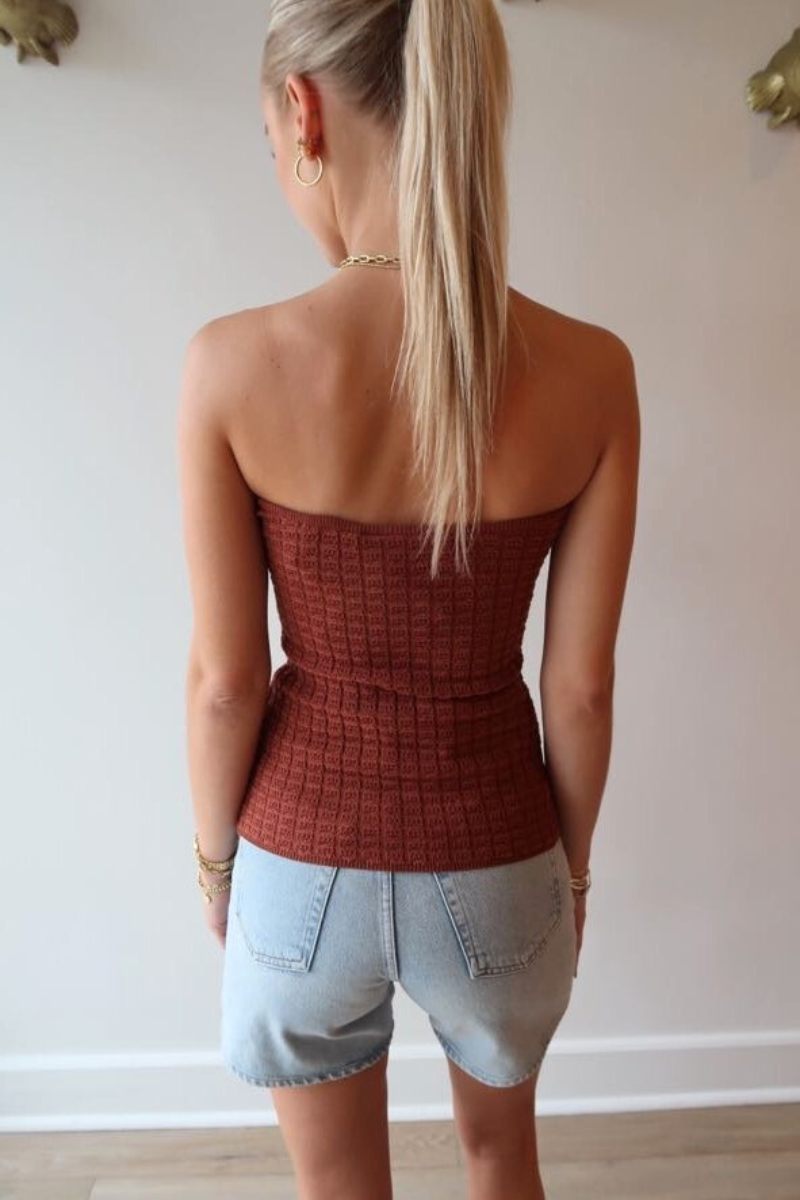 Essentiel Holo Strapless Knit Top in Rooibos Tea back