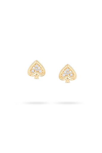 Gold spade-shaped earrings on a white background