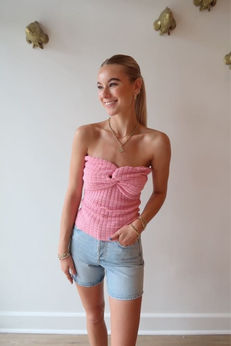 Essentiel Holo Strapless Knit Top in Fairy Tale front view