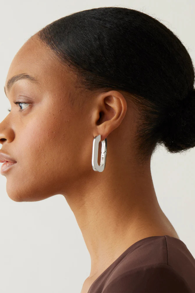 Jenny Bird Mega U-link Earrings Silver on ear side