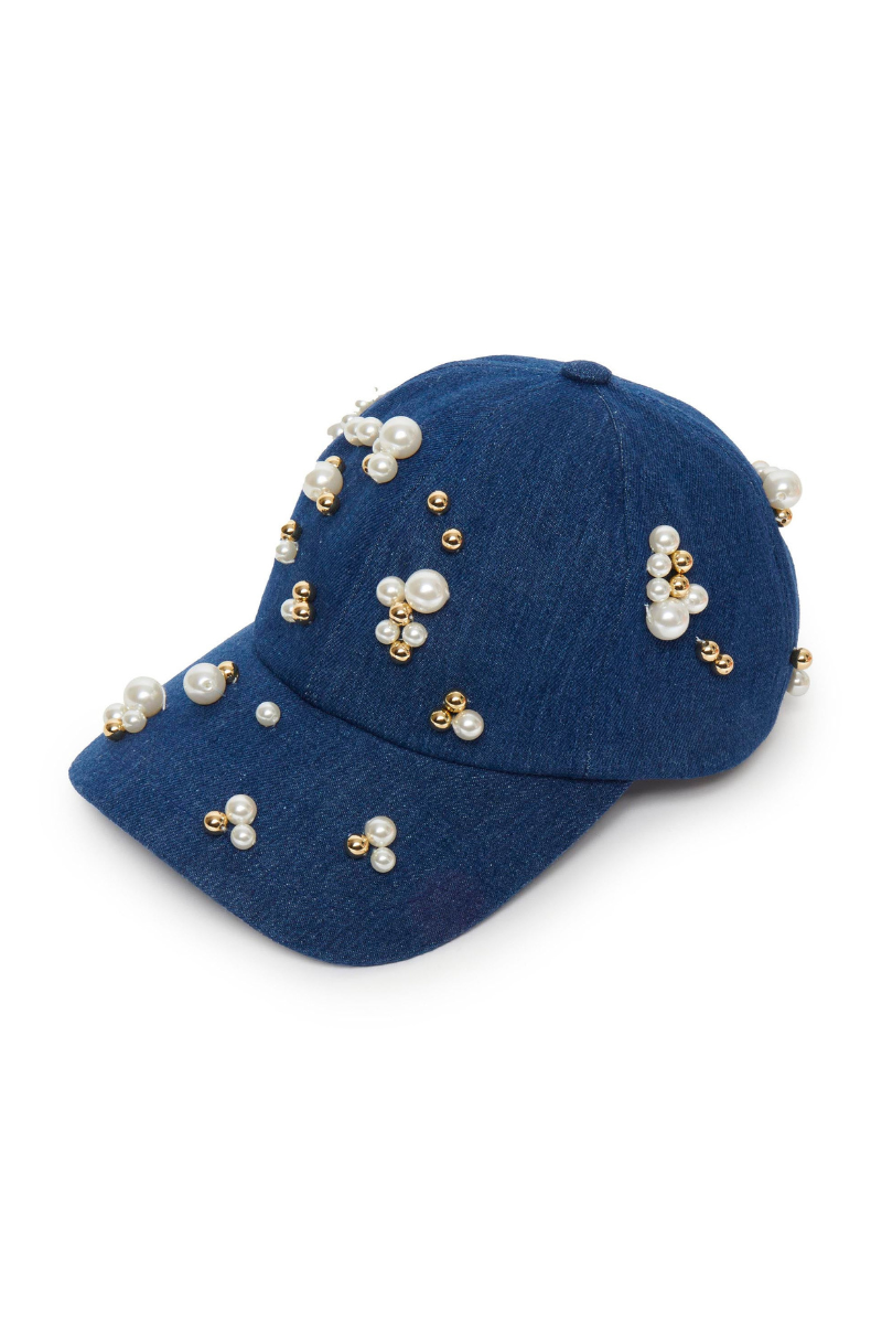 Lele Sadoughi Scattered Pearl Denim Hat by itself