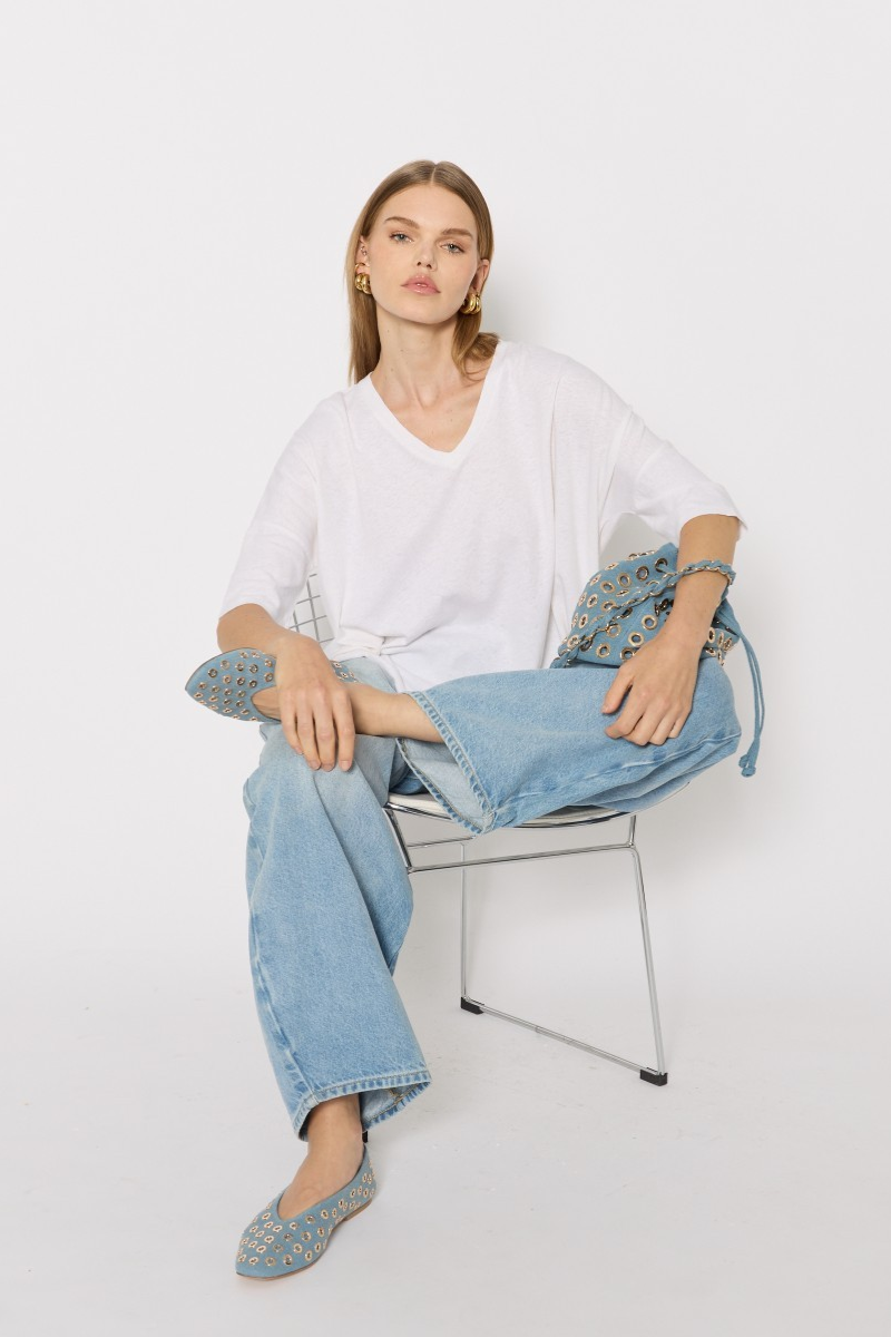 Berenice Aballerina Denim Stud Flats model sitting