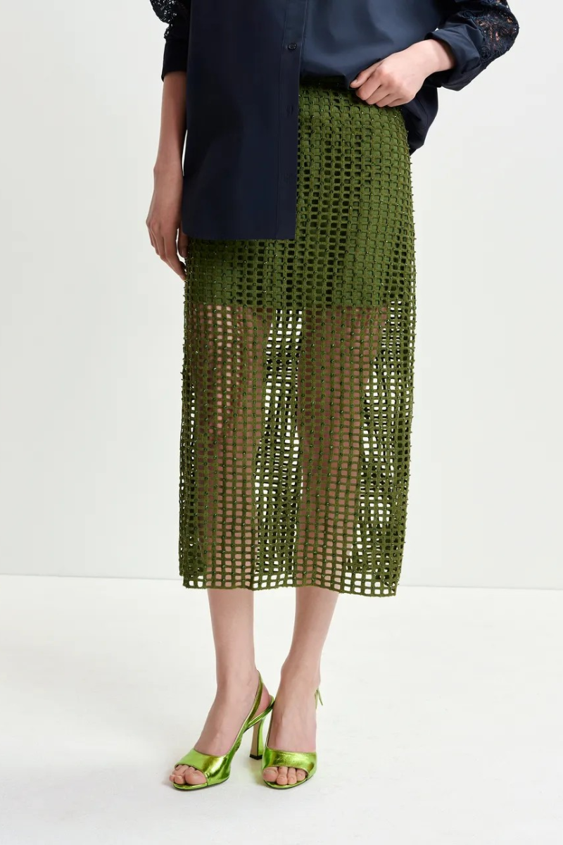 Essentiel Handkerchief Sequin Mesh Midi Skirt front