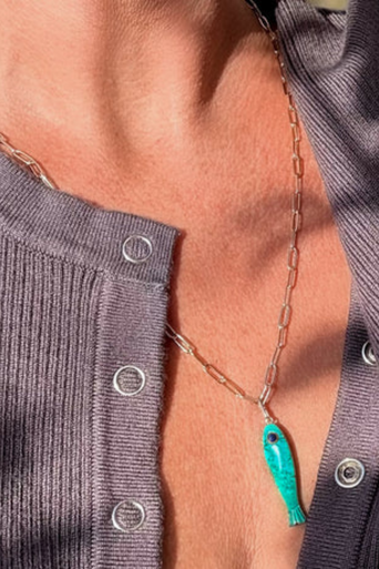 Thatch Fortuna Howlite Charm on chain on model