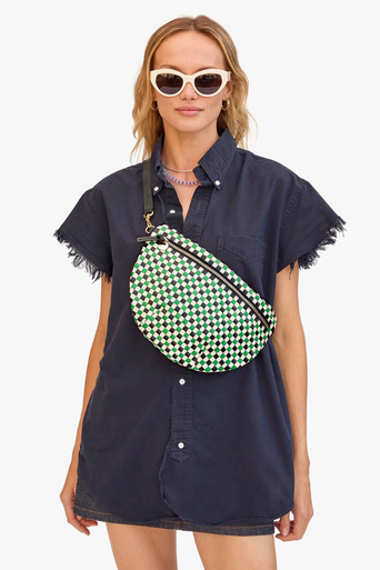 Clare V Grande Fanny Woven Checker Green Apple on chest