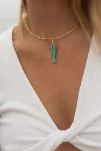 Thatch Fortuna Amazonite Charm on collar on model