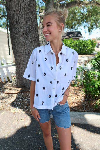 Velvet Macy Embroidered Button-down Top front