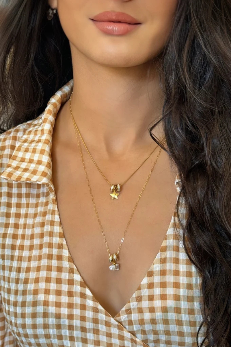 Stellar Star Charm Set Necklace on model, top necklace