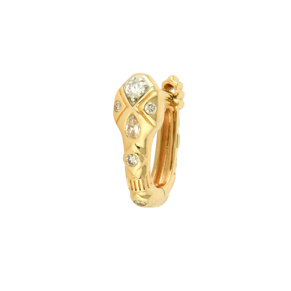 Single Copperhead Diamond Snake Huggie Hoop front view on white background