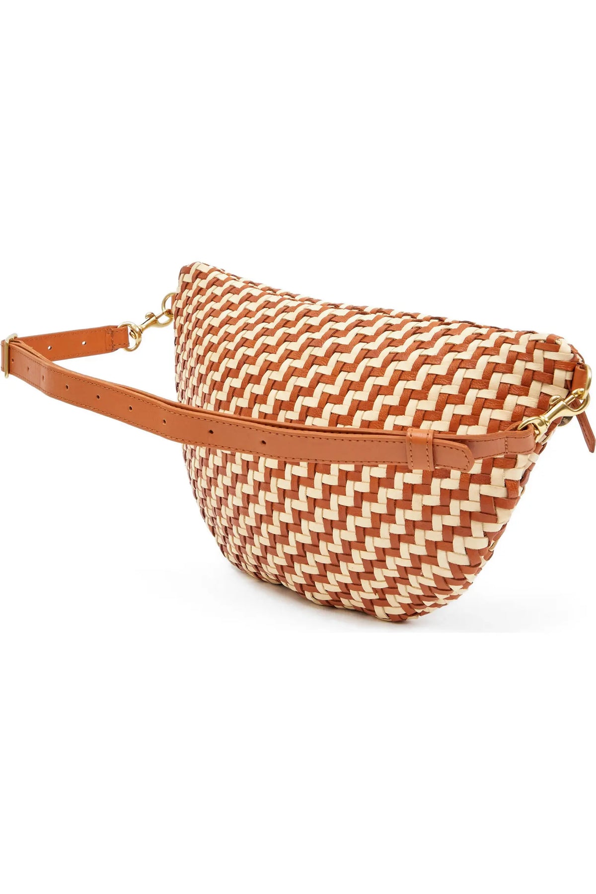 A woven leather half-moon fanny pack with a brown and cream zigzag pattern, featuring a tan leather strap and gold-tone hardware, shown on a white background.