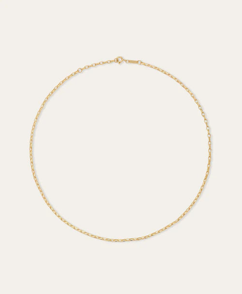 A delicate gold chain necklace with a small lobster clasp, displayed in a circular shape against a solid, warm off-white background.