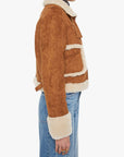 Person wearing a brown jacket with white fur trim on a white background