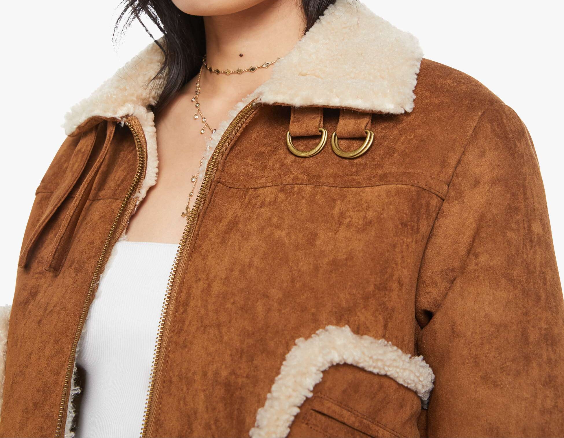 Brown suede jacket with shearling collar and white background