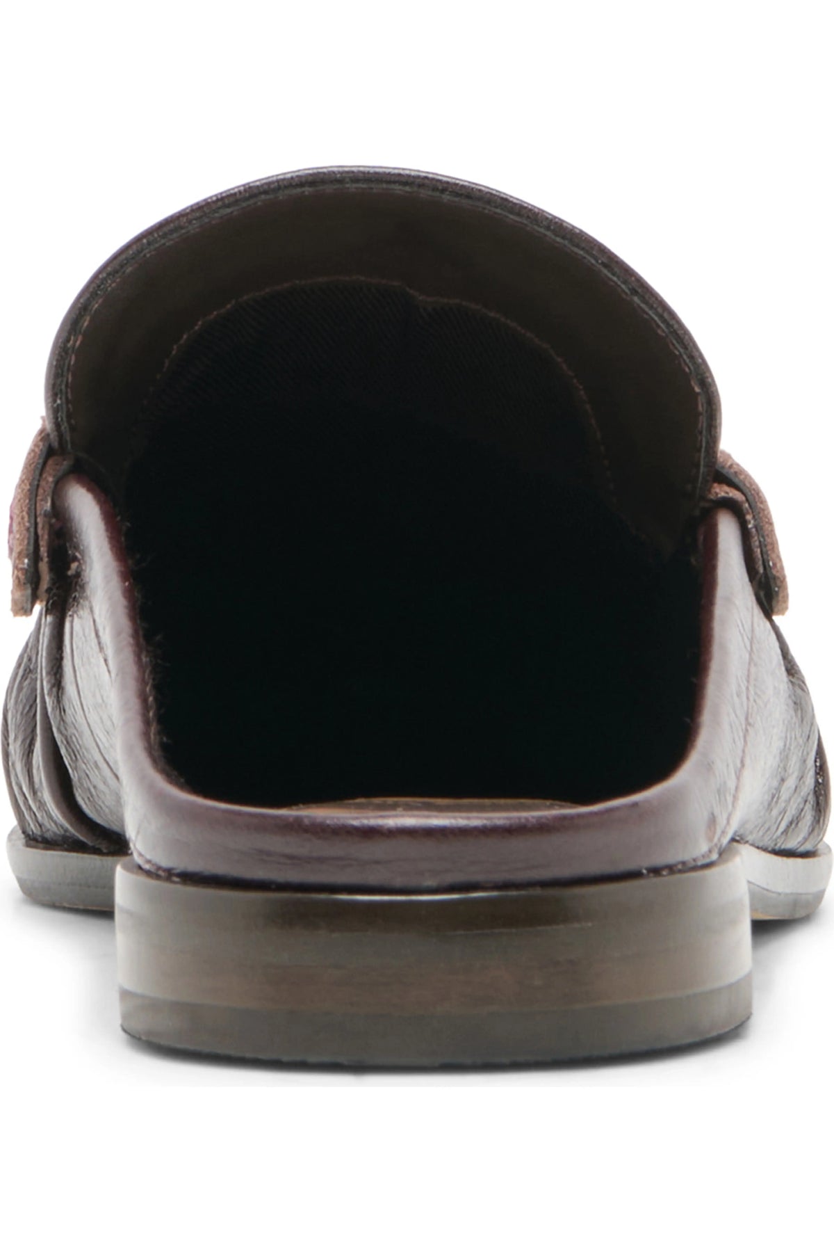 A close-up rear view of a dark brown leather loafer with a textured finish and a dark sole, shown against a plain white background.