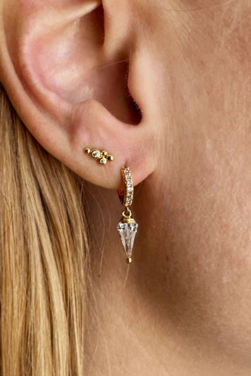Fiona Pave Huggie Hoop with Diamond Dangle on ear, first hole