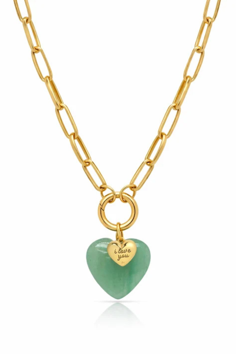 Charm Keep Paper Clip Chain with green heart pendant