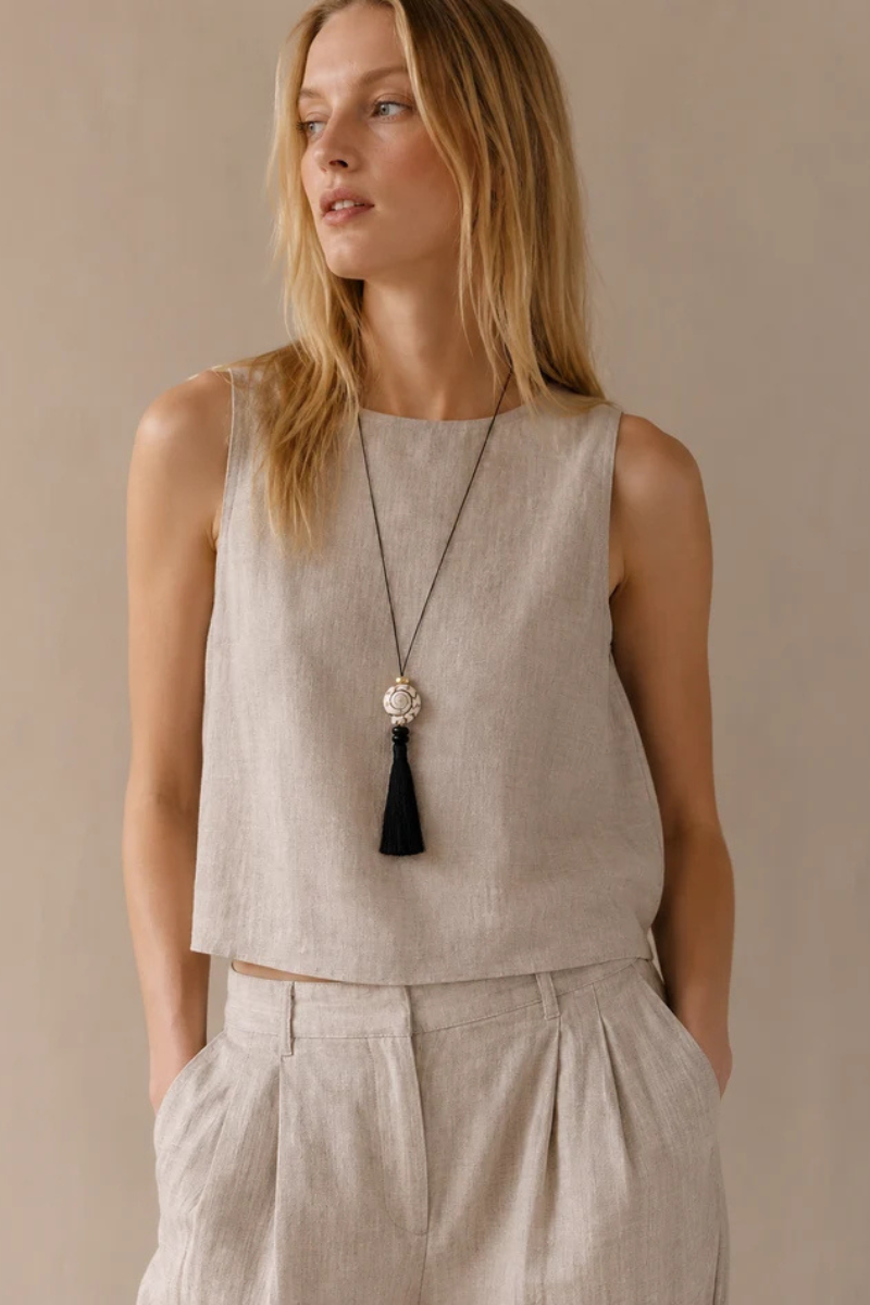 Bella Mare Shell Tassel Cord Necklace with beige linen tank